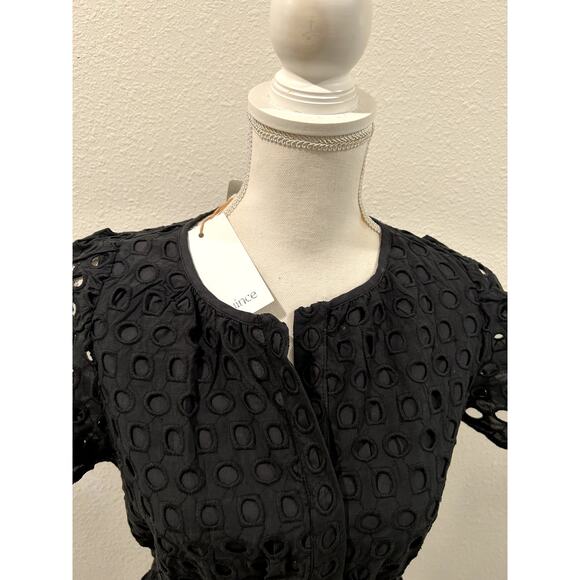 Quince Womens Lace Dress Casual Small Black Short Sleeve Boho Waist Tiered New - Picture 4 of 8